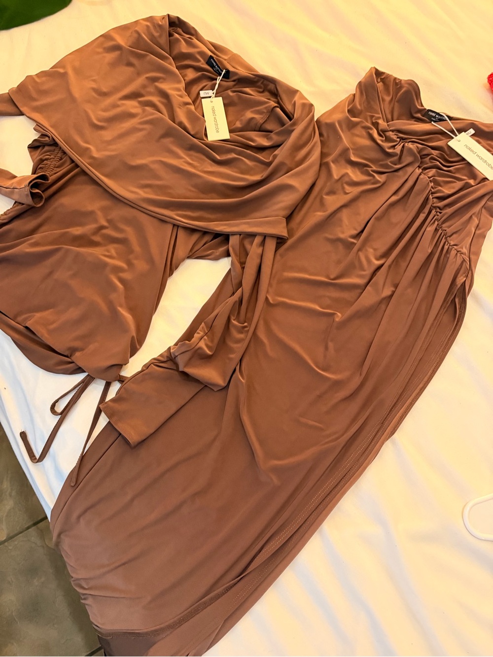 naked wardrobe brown midi ruched draped dress